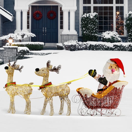 Deer Pulling Sleigh with Santa Set with Warm White UL LED Lights